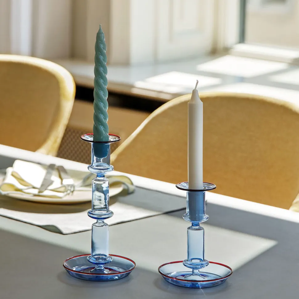 HAY Flare Candleholder Tall Light Blue With Red Rim